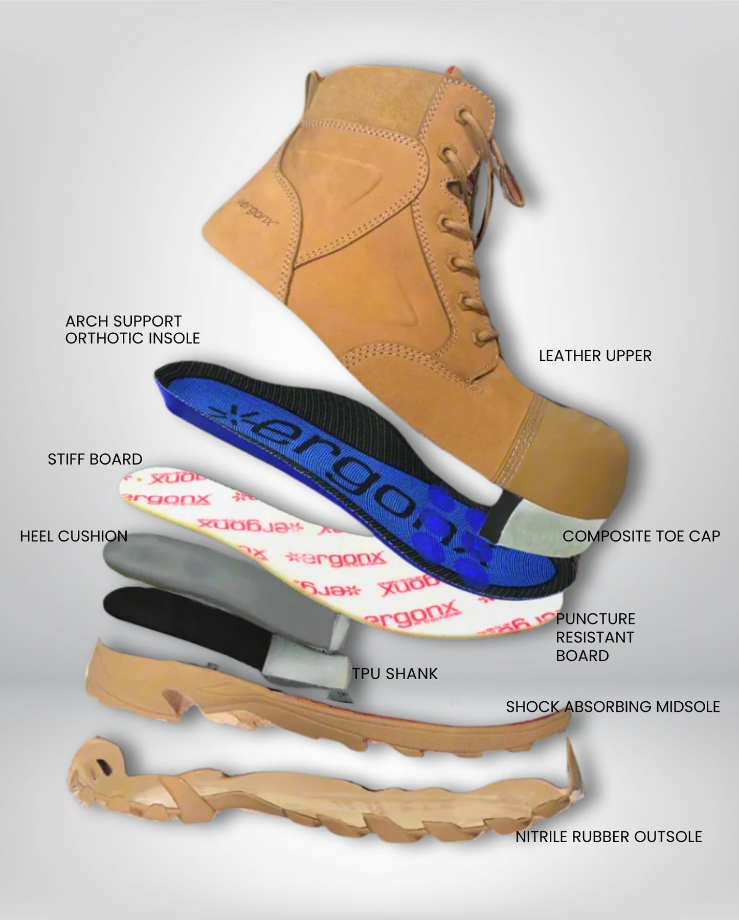 Ergonx All Tan Lace Up Safety Boots + 6 Socks + 1L Bottle & Cap Bundle