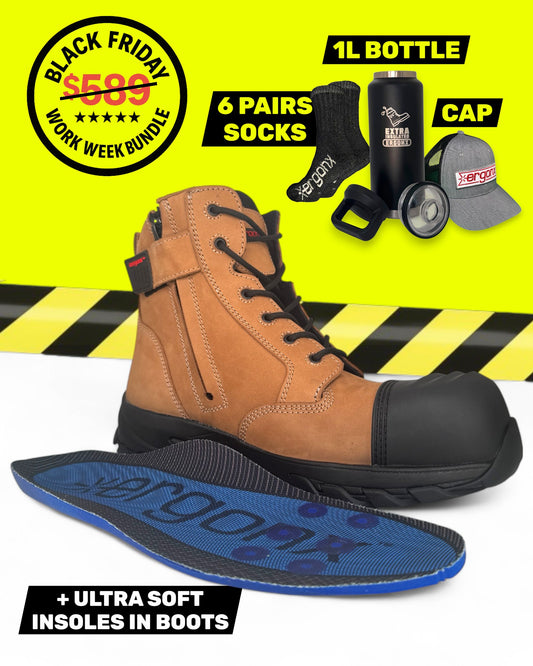 Ergonx Tan Lace Up Safety Boots + 6 Socks + 1L Bottle & Cap Bundle