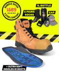 Ergonx Tan Toe Lace Up Safety Boots + 6 Socks + 1L Bottle & Cap Bundle