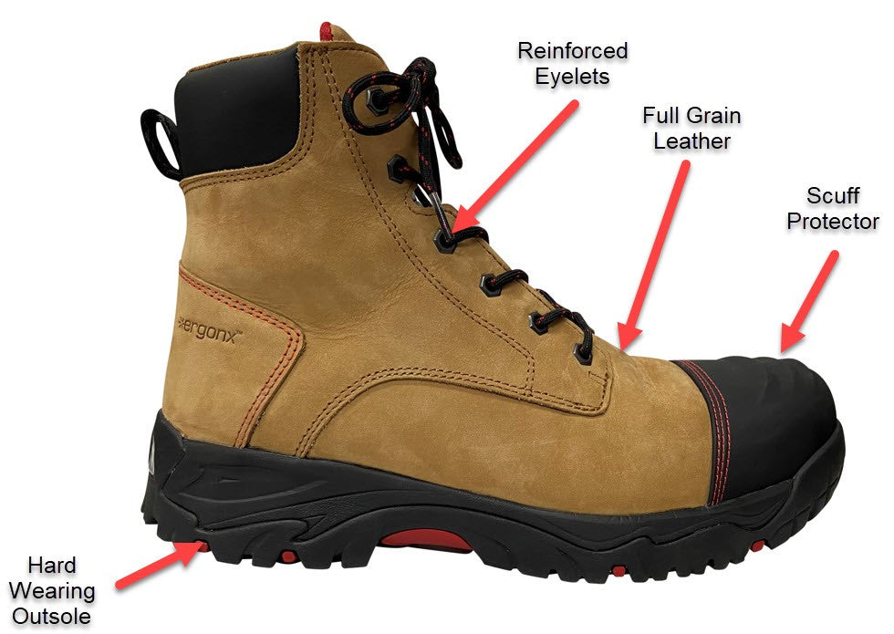 Durability Features of the Ergonx elements work boots: Hard wearing sole, scuff protector, full grain leather and reinforced eyelets