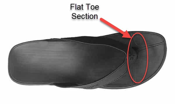 Flat toe section helps to limit irritation in arch support thongs.